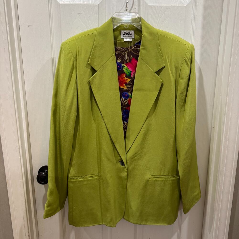 VTG Silks By Joan Leslie Blazer & Shirt Green Floral 100% Silk Womens Size 16/18